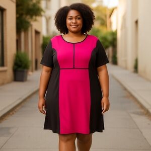 Ashley Stewart Magenta Black Color Block Stretch Midi Dress Sz 22/24 NWT